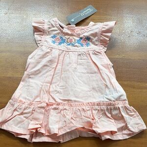 Mint Kids Light Pink Ruffle Dress with Floral Embroidery